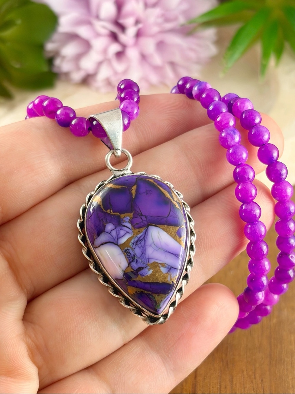 Southwest Purple Copper Turquoise Pendant Necklace Sterling Silver 925 Overlay